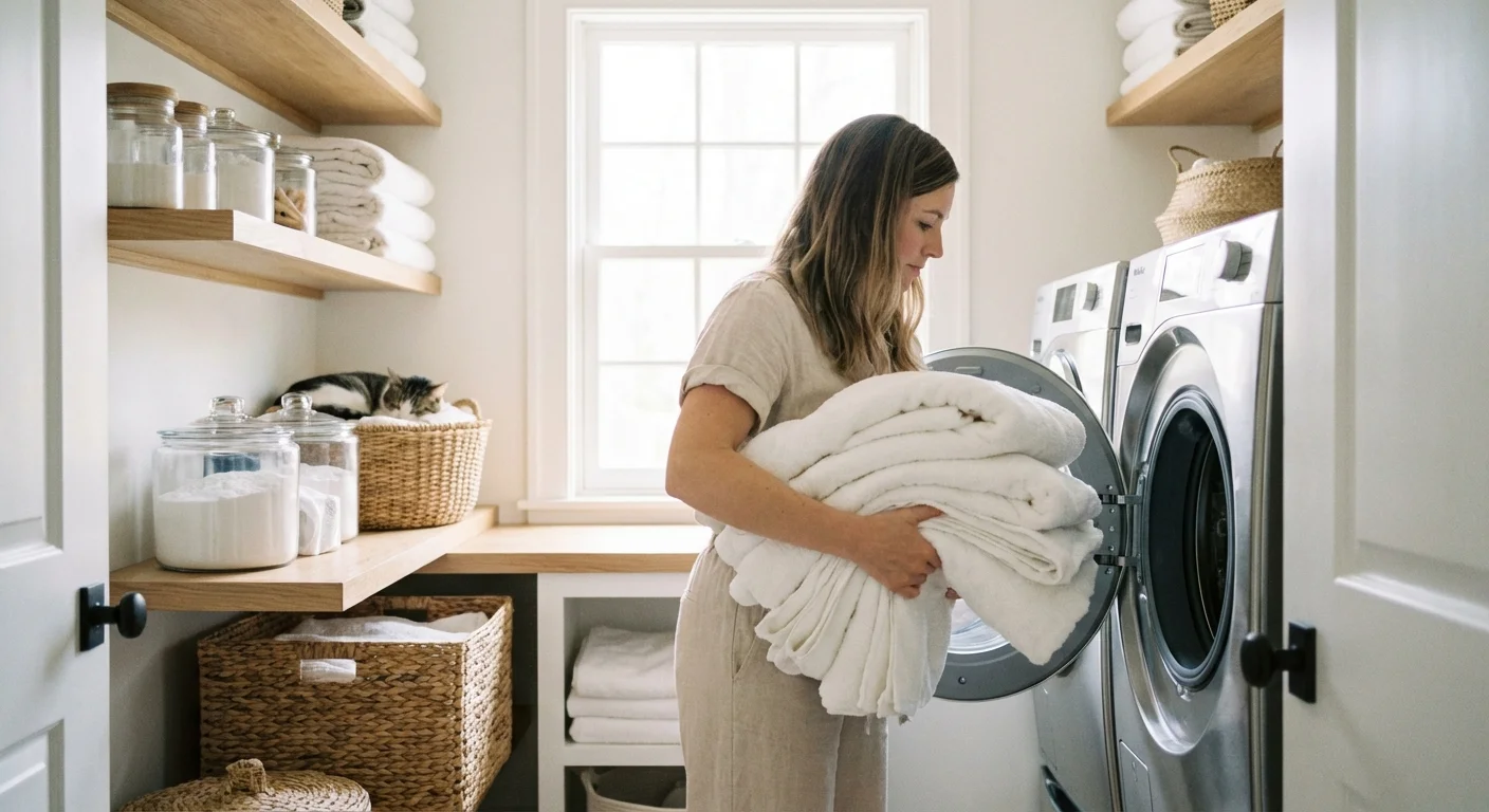 A person loading white linens into a modern front-load washing machine.
