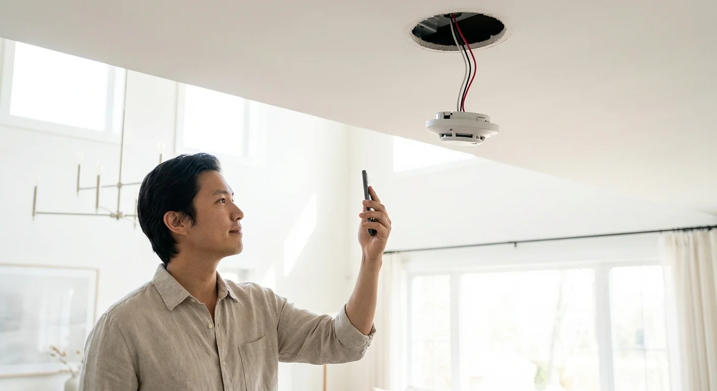 A person looking at a hardwired smoke detector's electrical wiring.