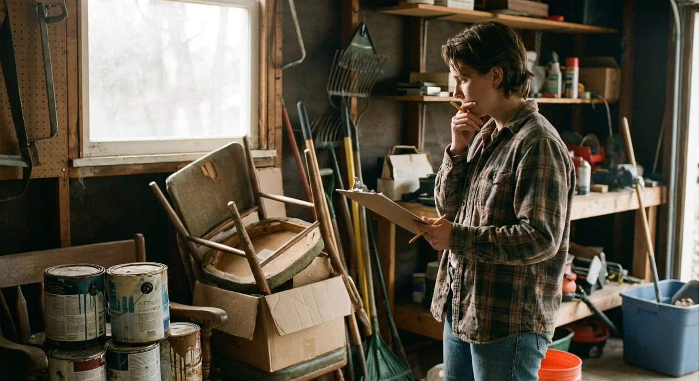 A person looking at a small pile of items in a garage, planning organization.