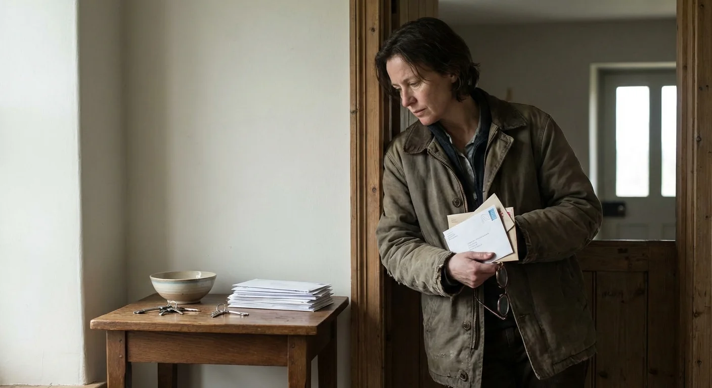 A person looking at a small stack of mail on a hallway table, symbolizing daily maintenance.