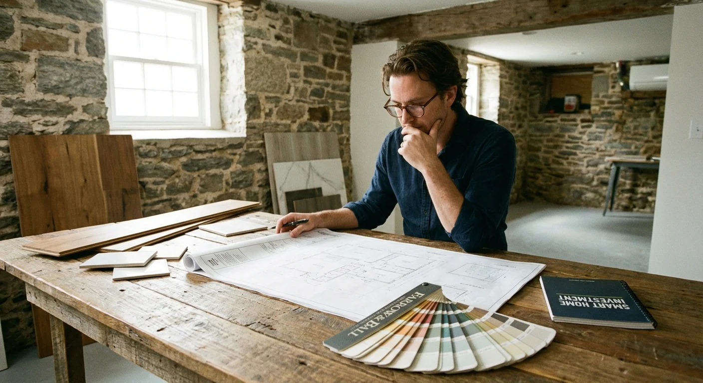 A person looking at floor plans and material samples on a table in a basement.