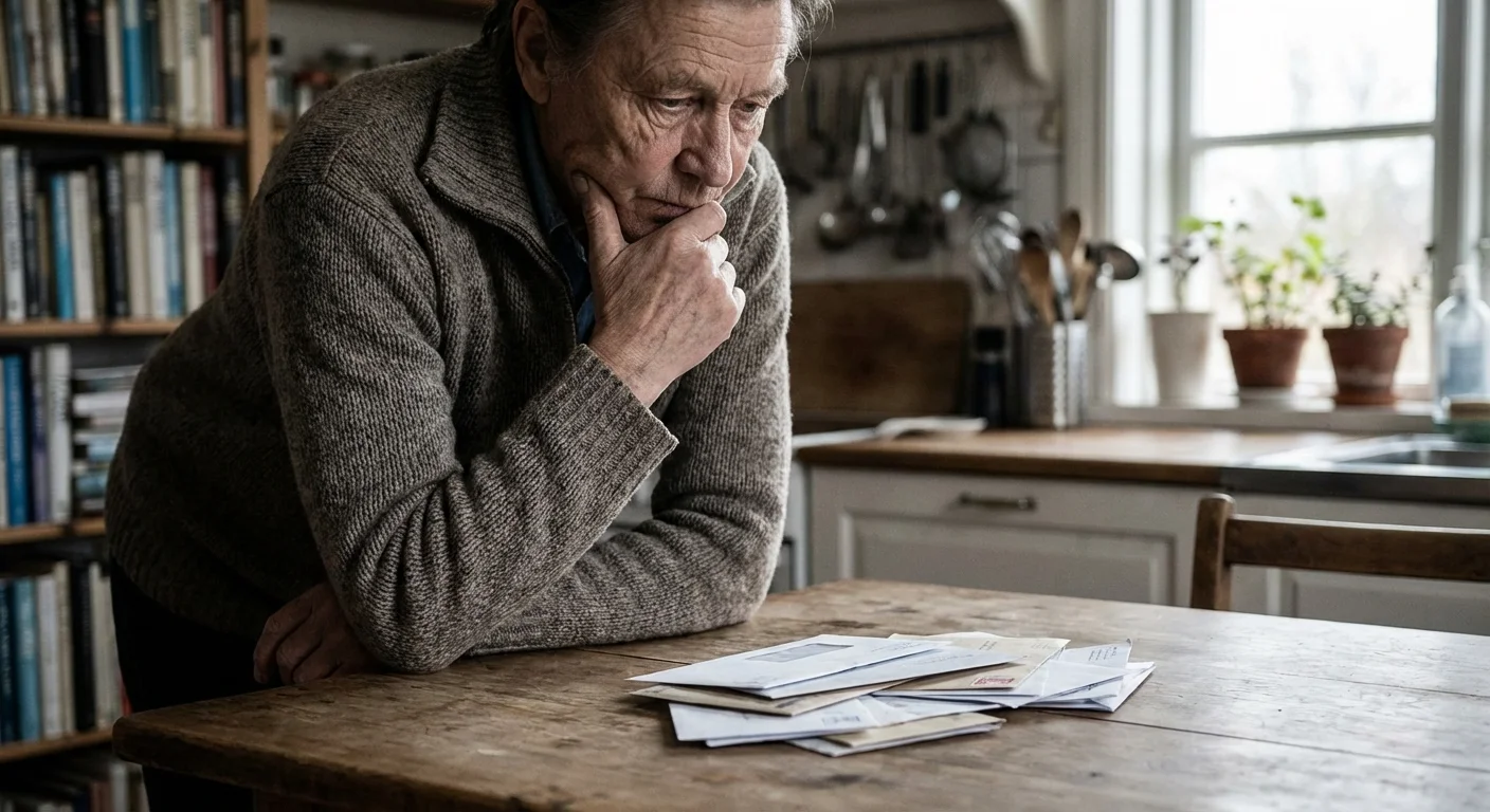A person looks at a small stack of mail on a table, reflecting the mental weight of clutter.