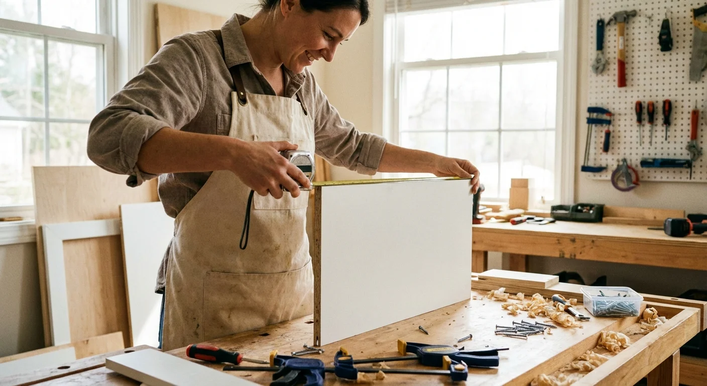 A person measuring a furniture panel during a DIY home project.