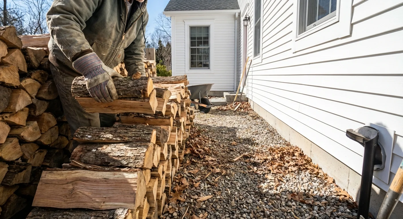 A person moving firewood away from a house foundation to prevent pests.