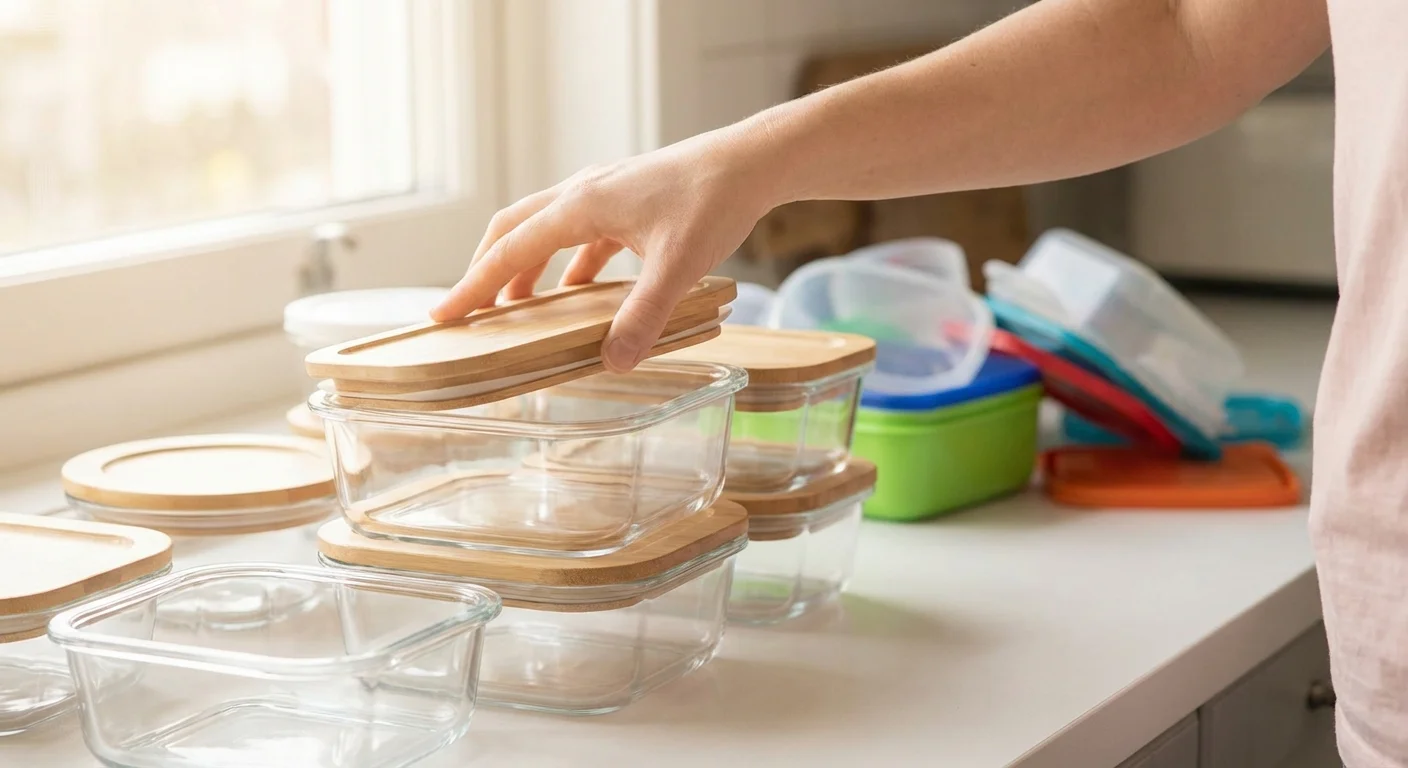 A person organizing containers to avoid the common mistake of kitchen clutter.