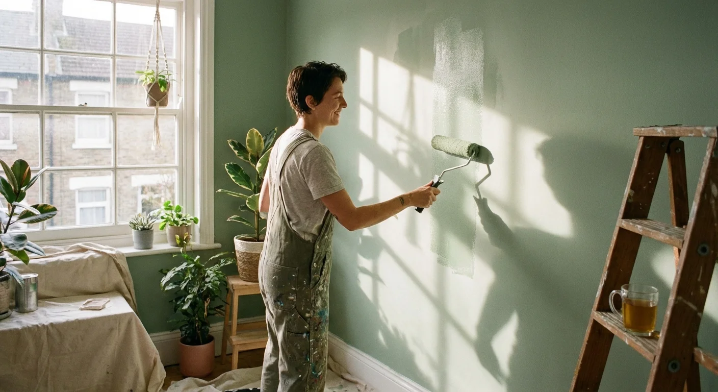 A person painting a room with a soft sage green color in bright sunlight.