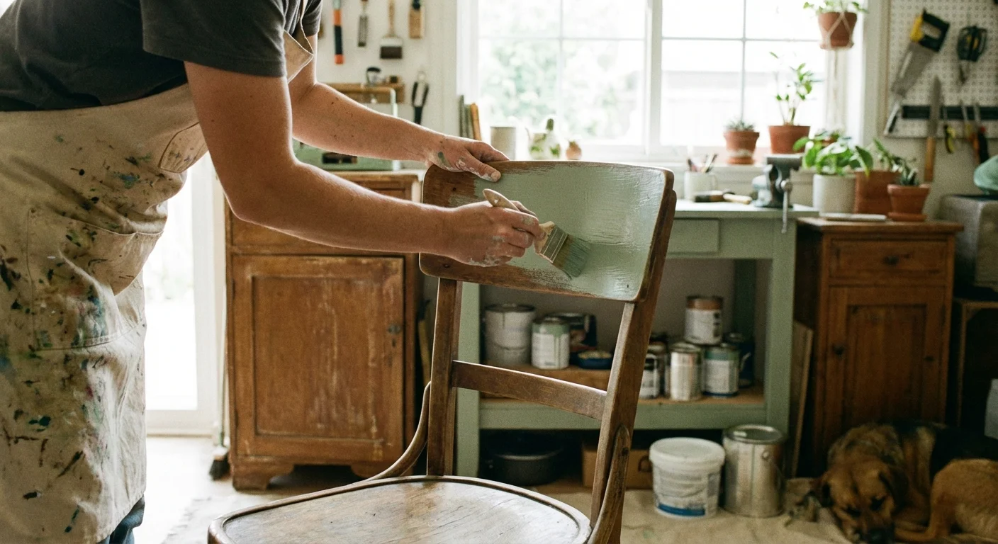 A person painting a wooden chair in a sunlit room.