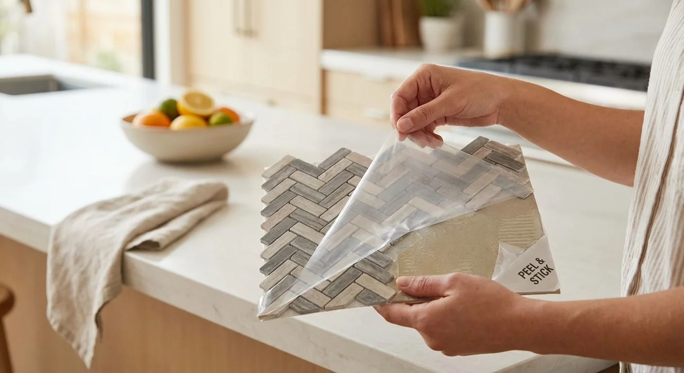 A person peeling the adhesive backing off a white herringbone tile sheet.