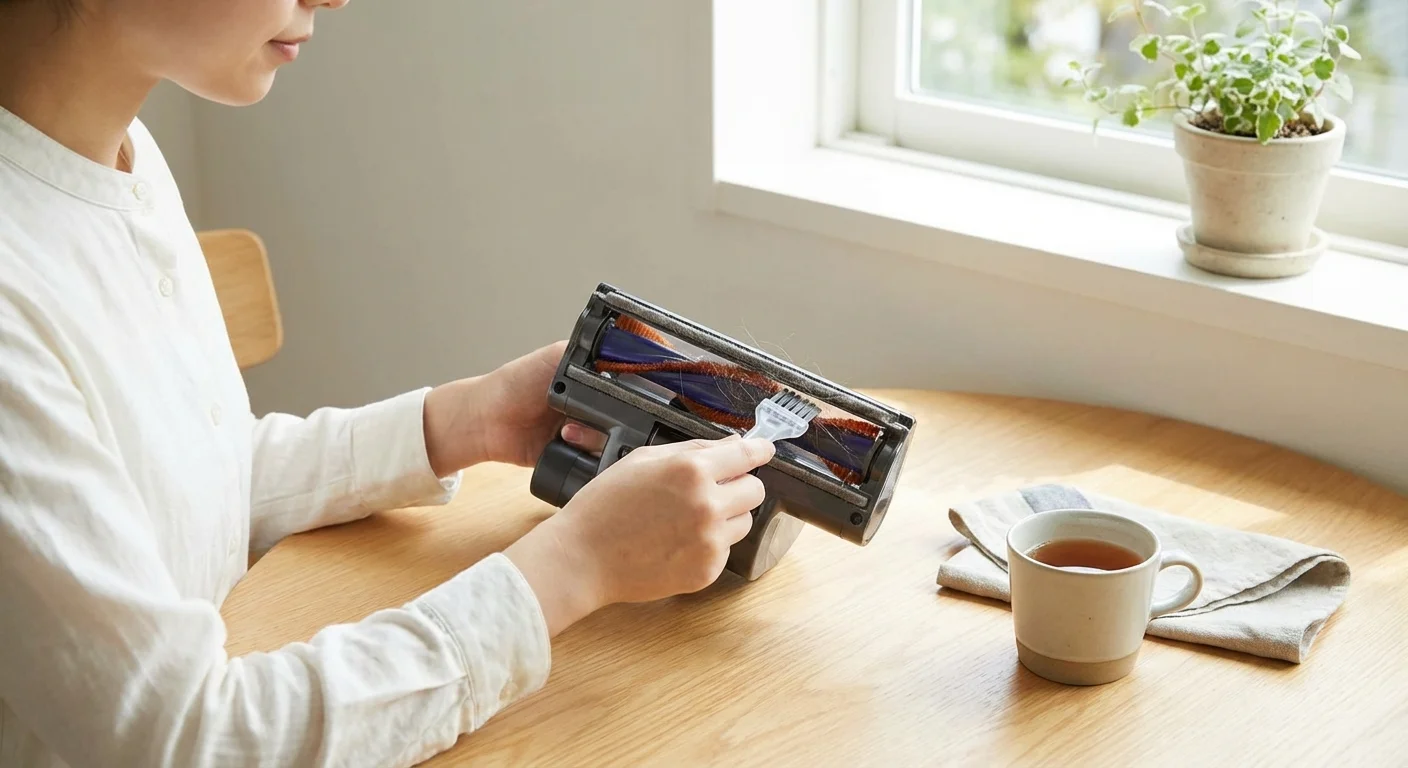 A person performing routine maintenance on a vacuum cleaner brush roll at a table.