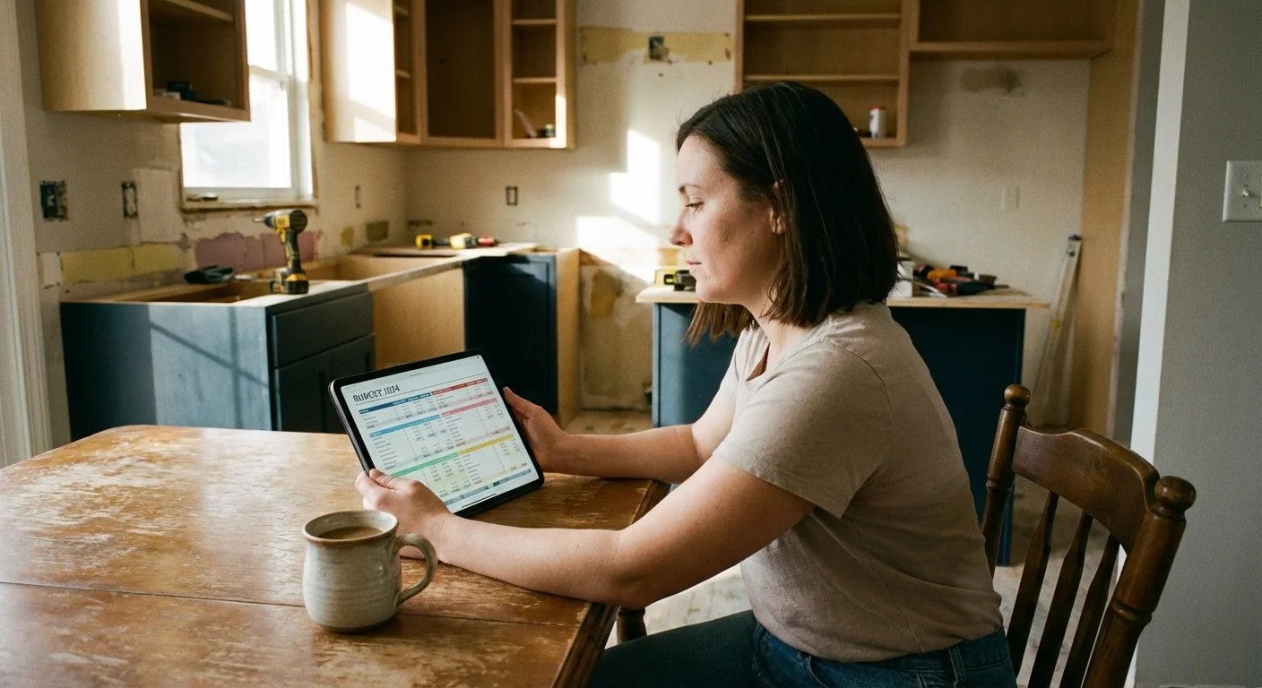 A person planning a kitchen renovation budget on a tablet at a sunlit kitchen table.