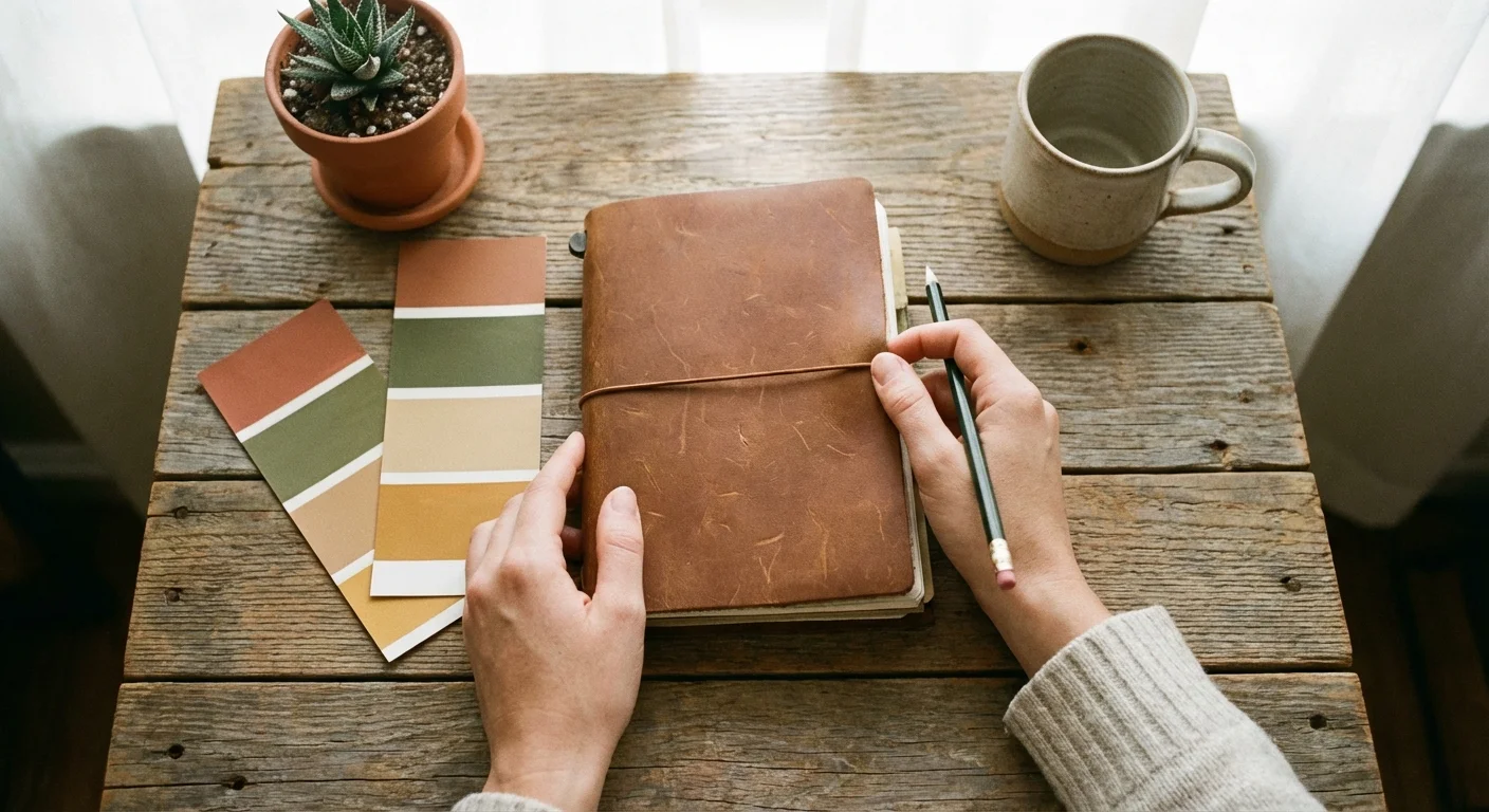 A person planning a room makeover with a notebook and paint swatches on a wooden table.