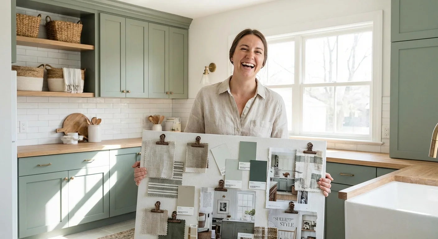 A person planning a room makeover with color swatches in a bright laundry room.