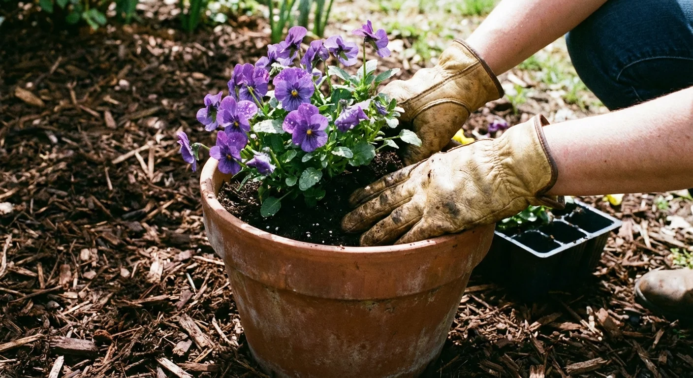 A person planting flowers in a large pot in a front yard.