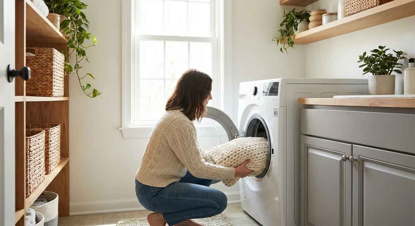 A person putting a weighted blanket into a modern white washing machine.