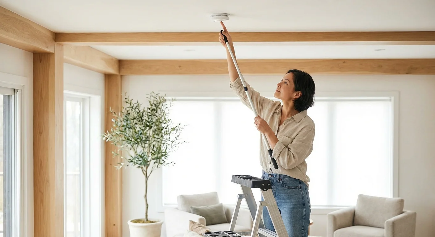 A person reaching up to test a smoke detector in a modern home.