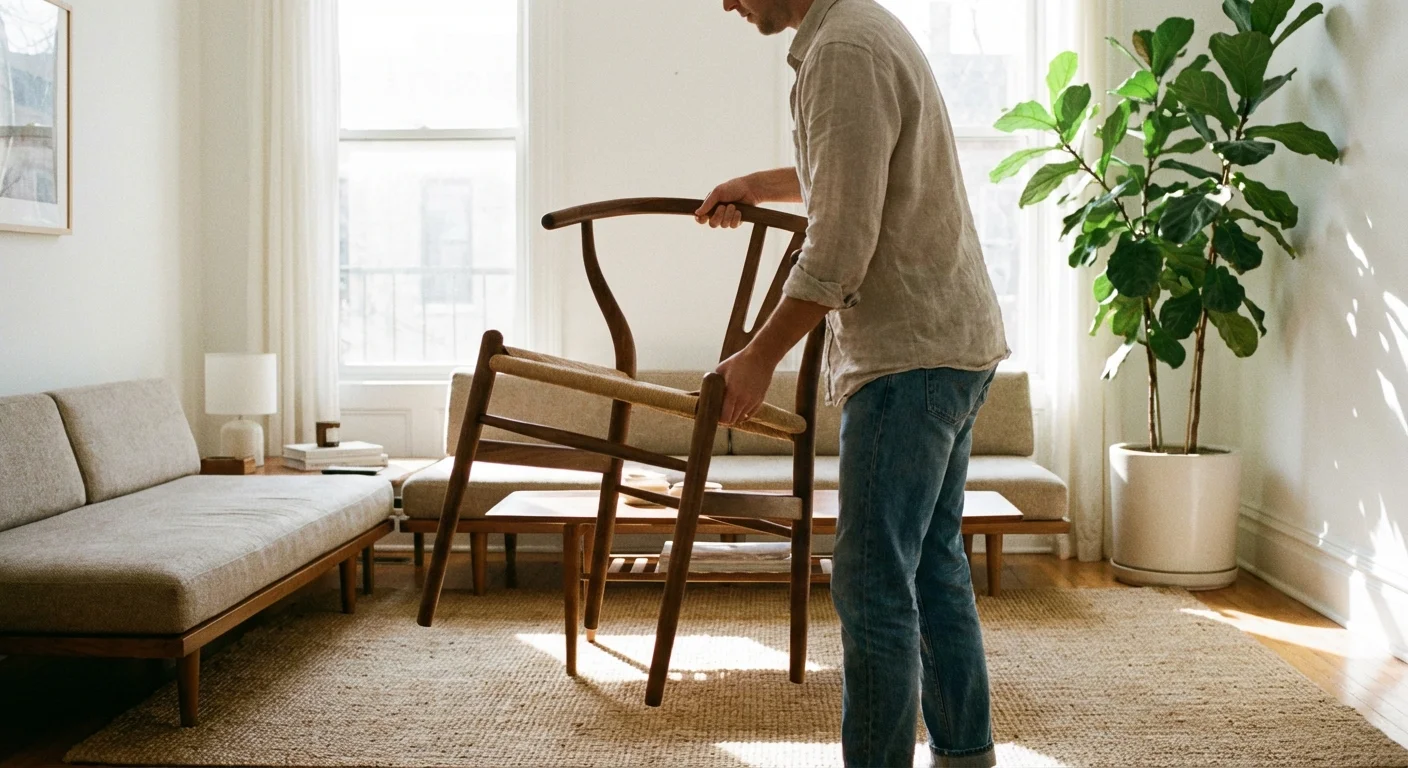 A person rearranging furniture in a bright, clean living room to create a better layout.