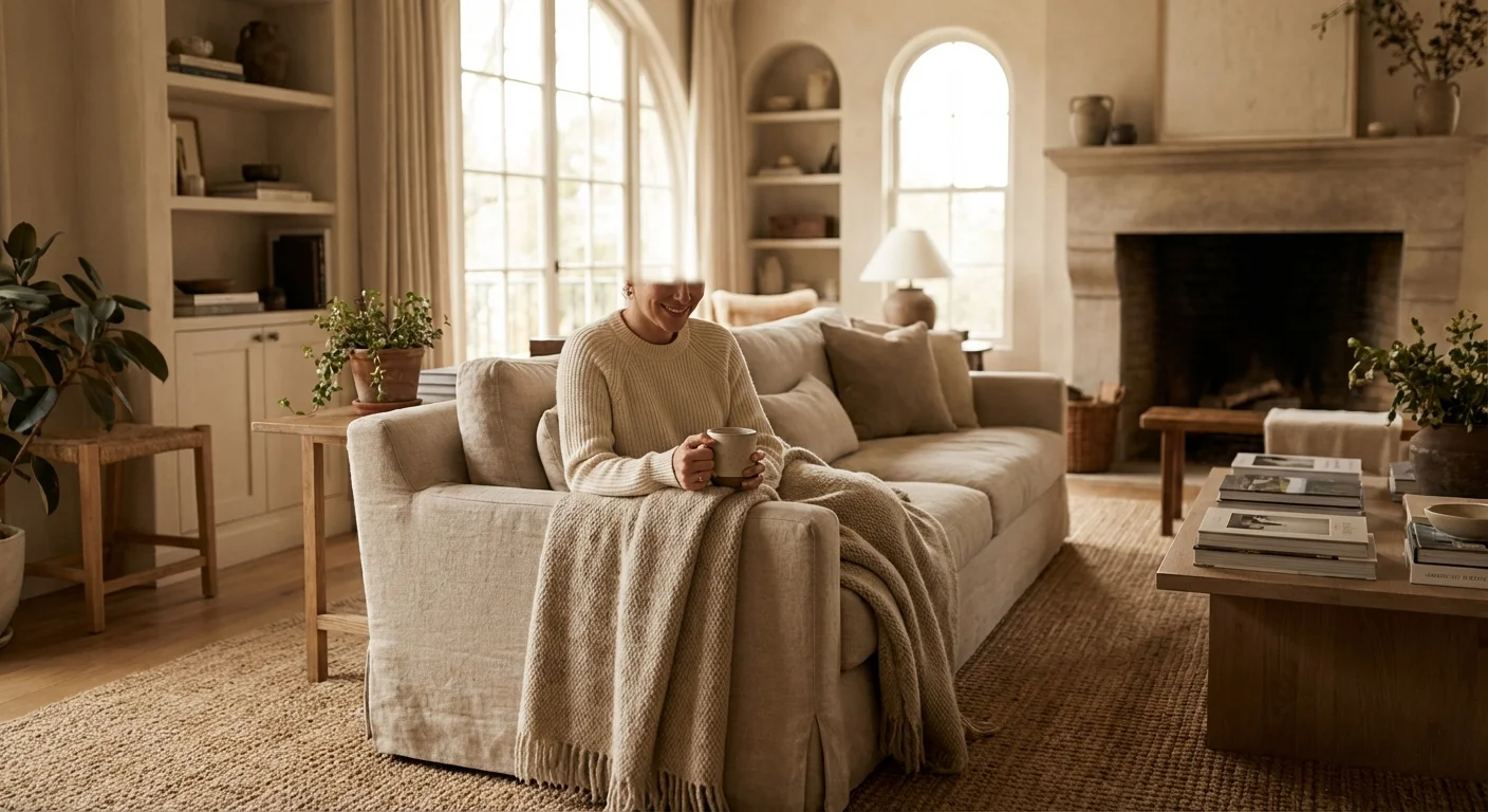 A person relaxing in a cozy, sunlit living room with a warm blanket and a mug.