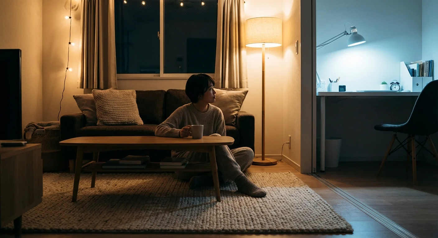 A person relaxing in a dimly lit lounge area next to a bright, organized workspace.