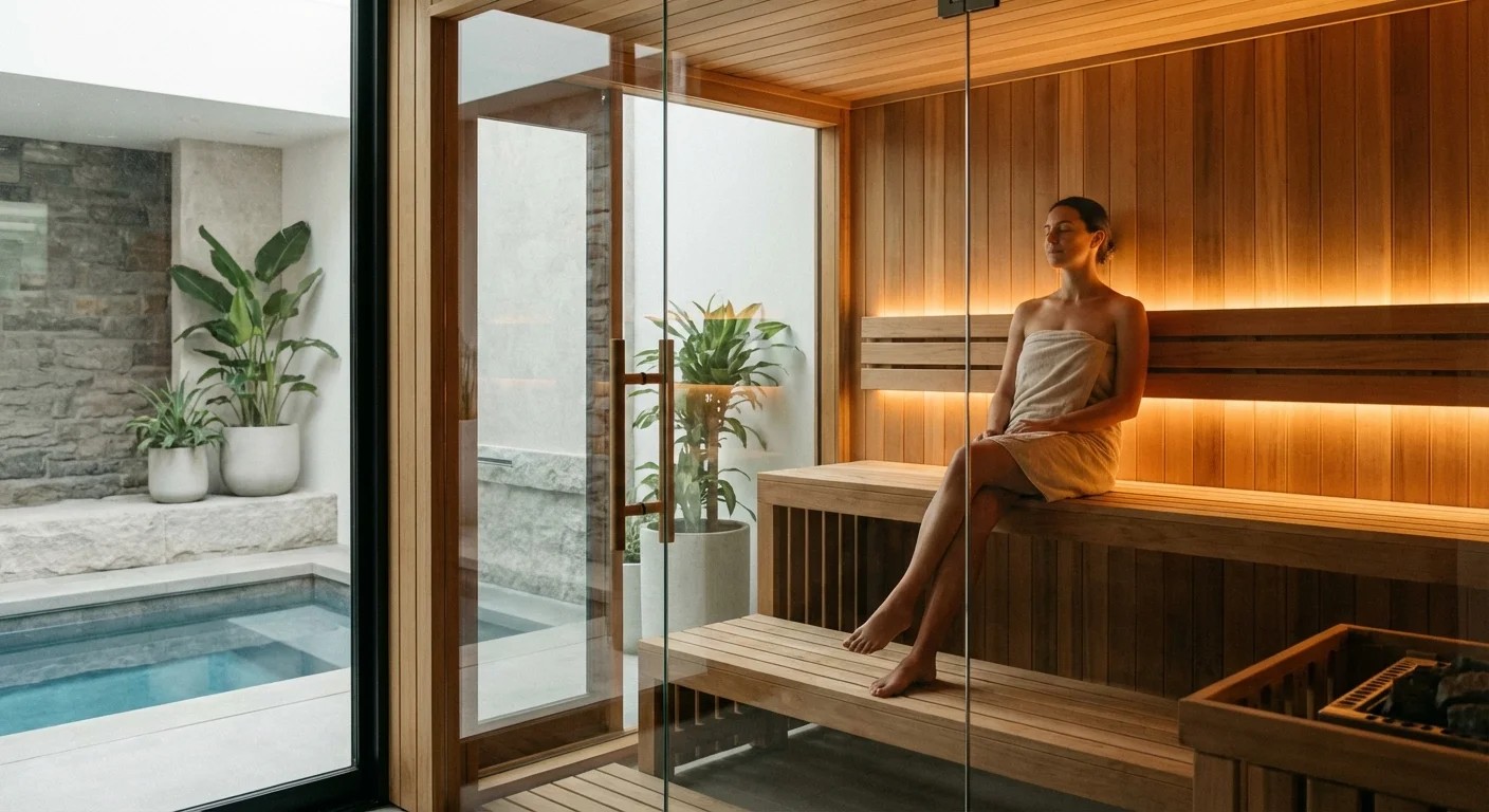 A person relaxing in a modern home sauna with warm wood and glass walls.
