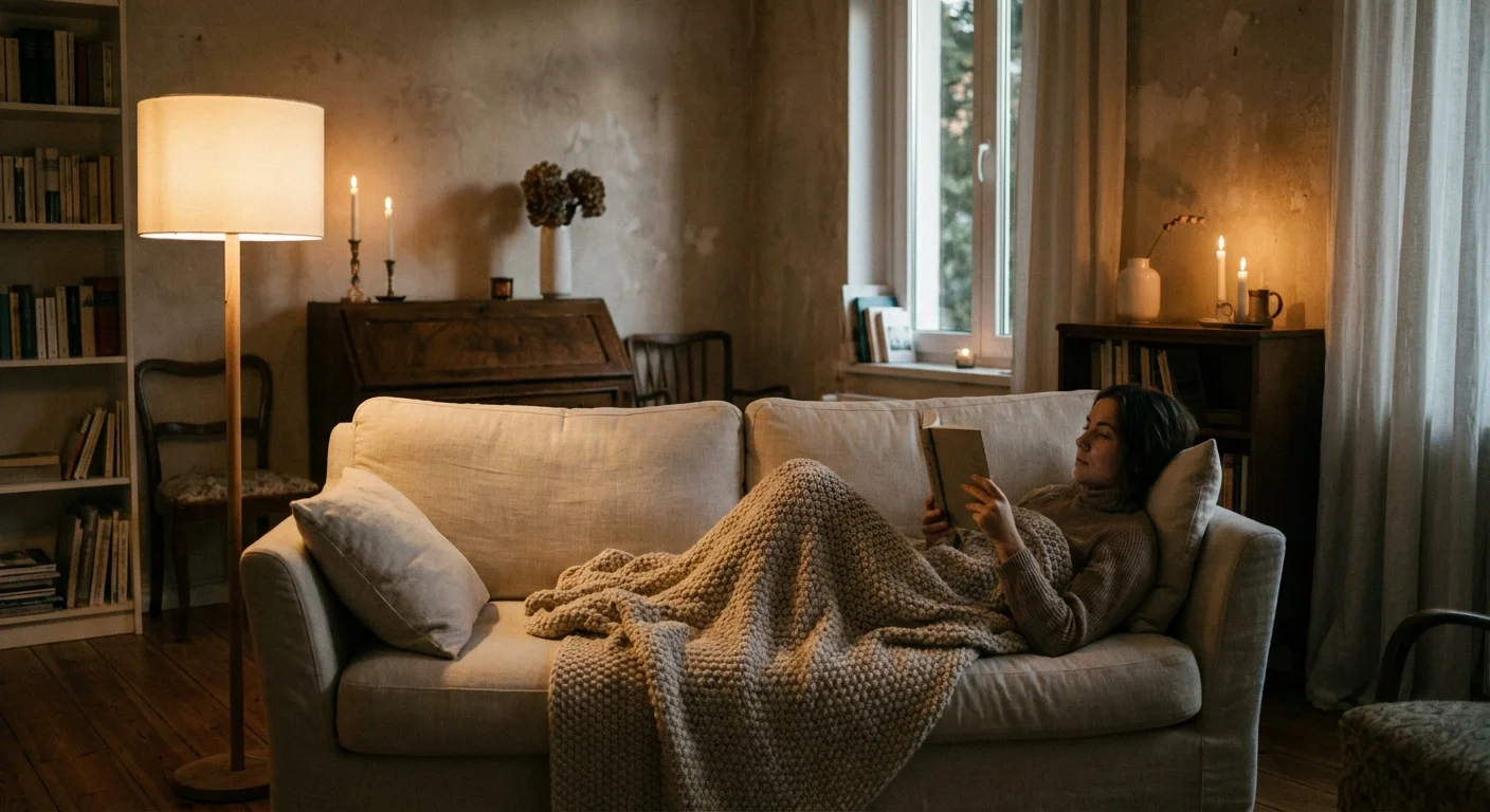 A person relaxing on a sofa in a beautifully lit room with soft shadows and warm highlights.