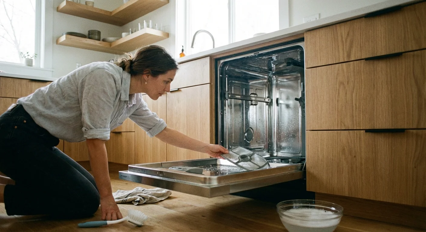 A person removing a filter from the bottom of a dishwasher.