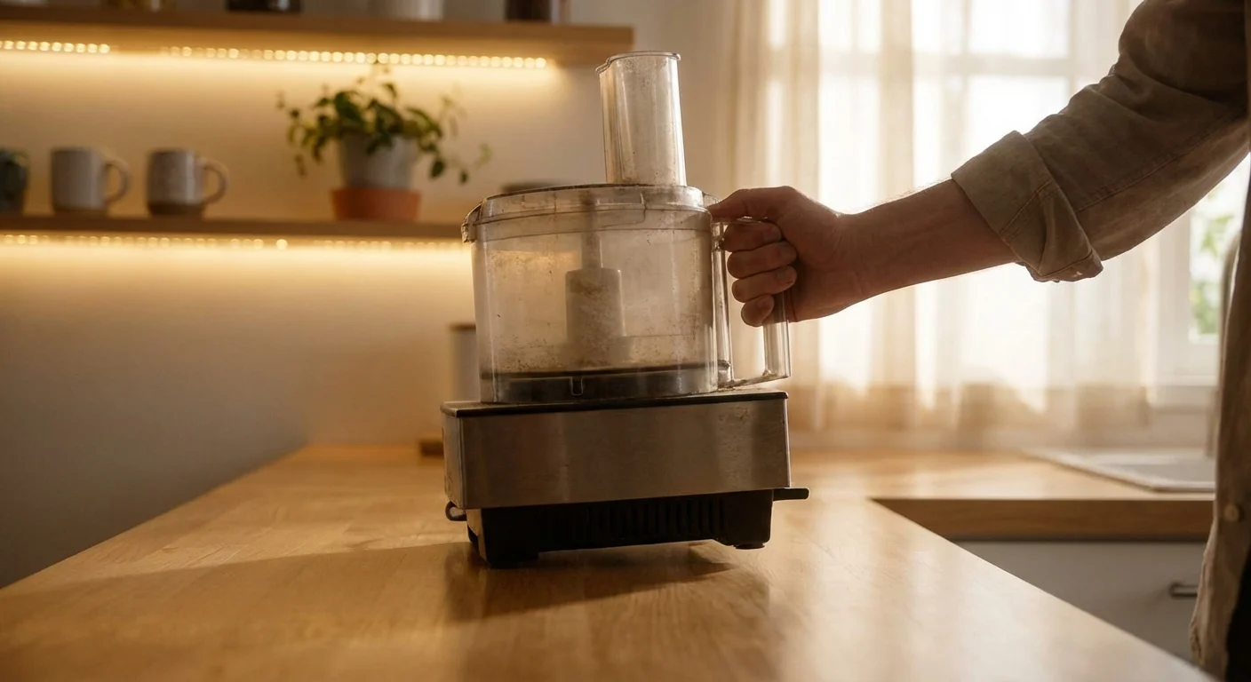 A person removing an appliance from a kitchen counter to reduce visual clutter.