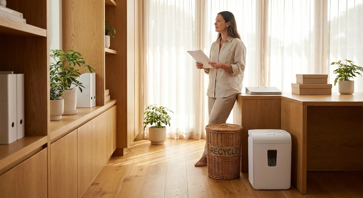 A person reviewing a document near a recycling basket and a modern shredder.