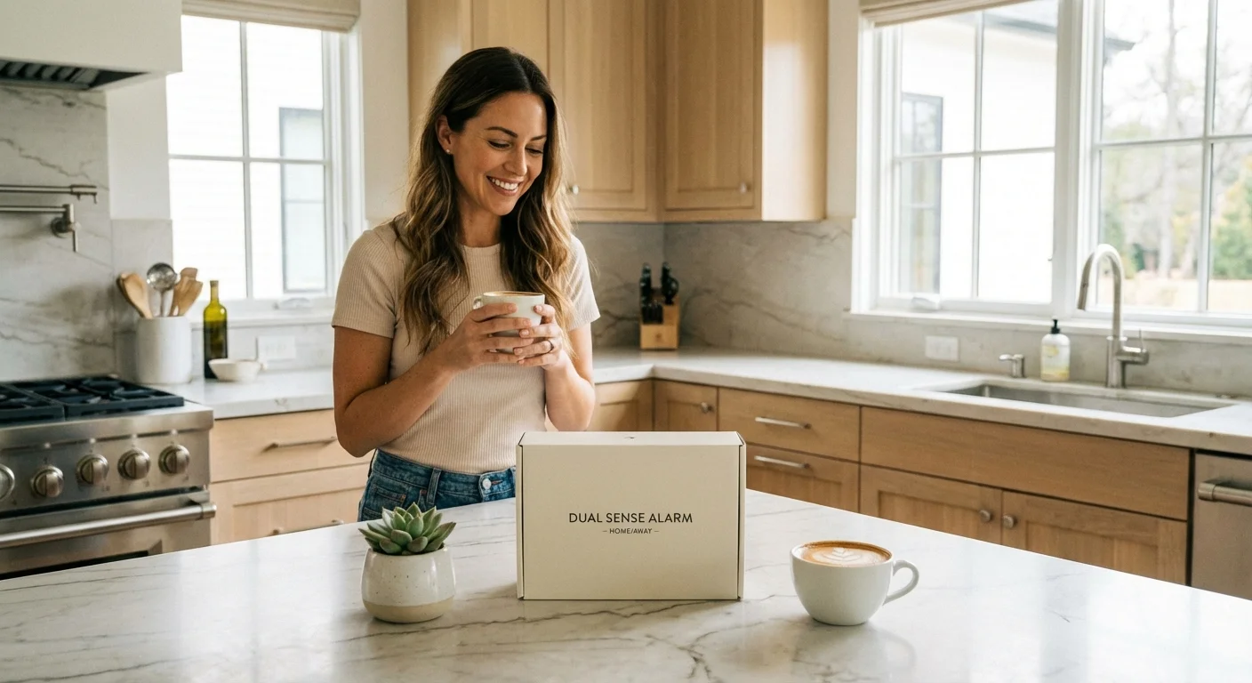 A person reviewing a new smoke detector box in a bright kitchen.