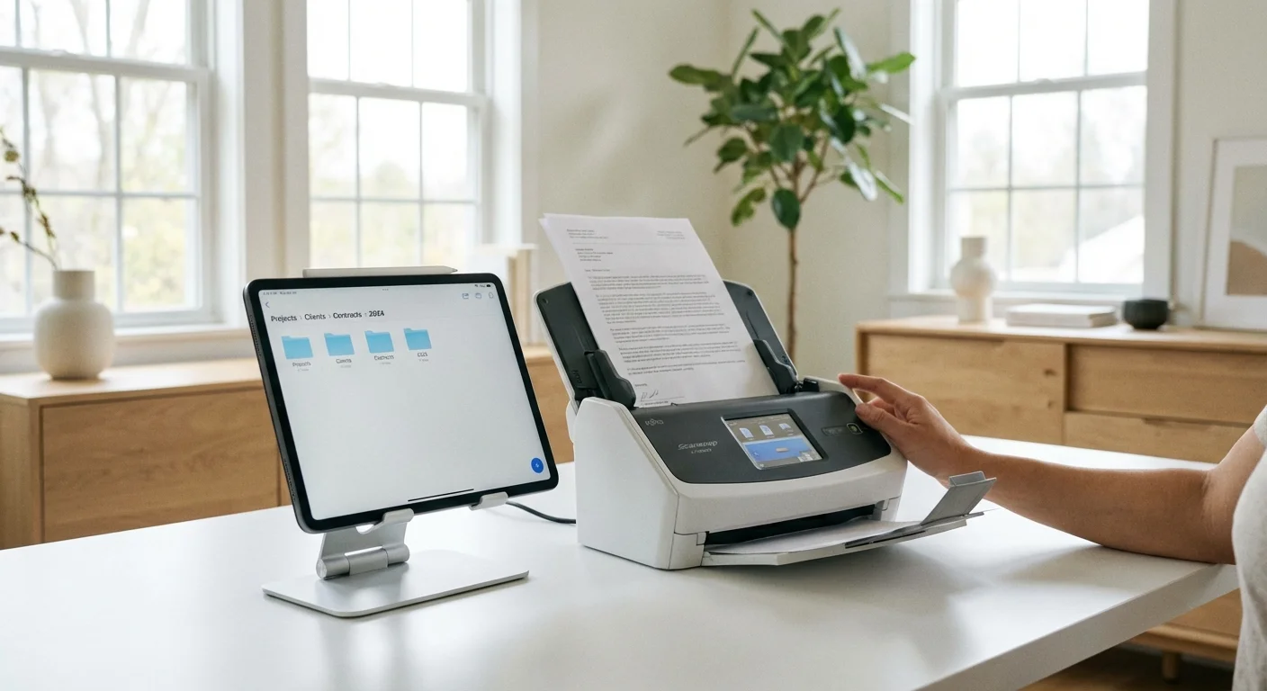 A person scanning a document at a minimalist white desk with a tablet nearby.
