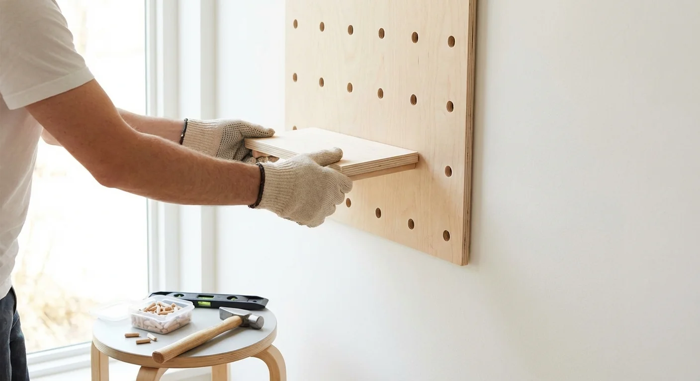A person setting up a DIY pegboard organizer on an office wall.