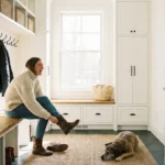 A person sits on a wooden bench in a bright, organized mudroom with white cabinets.