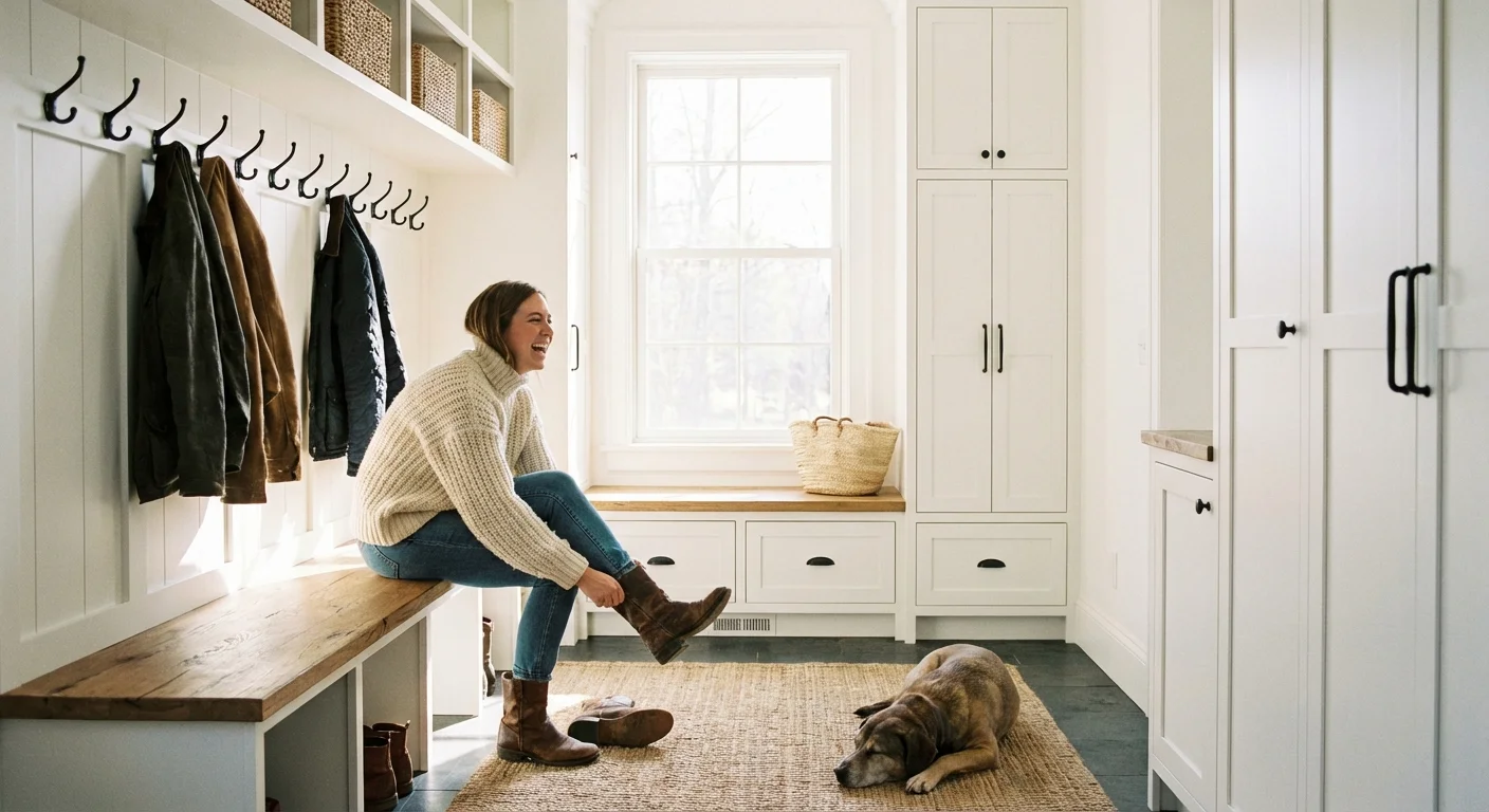 A person sits on a wooden bench in a bright, organized mudroom with white cabinets.