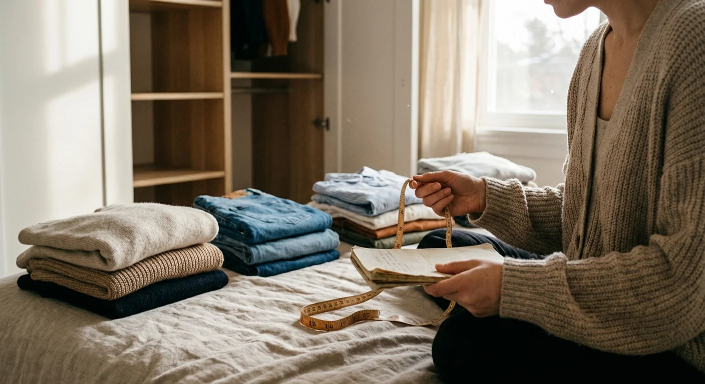 A person sitting on a bed sorting clothes into stacks while holding a measuring tape and notebook.
