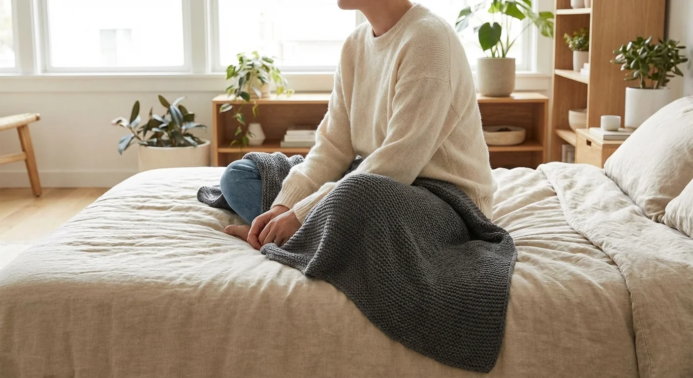 A person sitting on a bed with a weighted blanket draped over their legs.