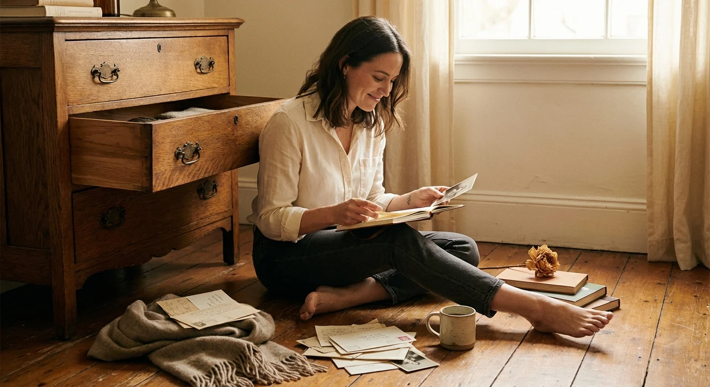 A person sitting on the floor thoughtfully sorting through a drawer.