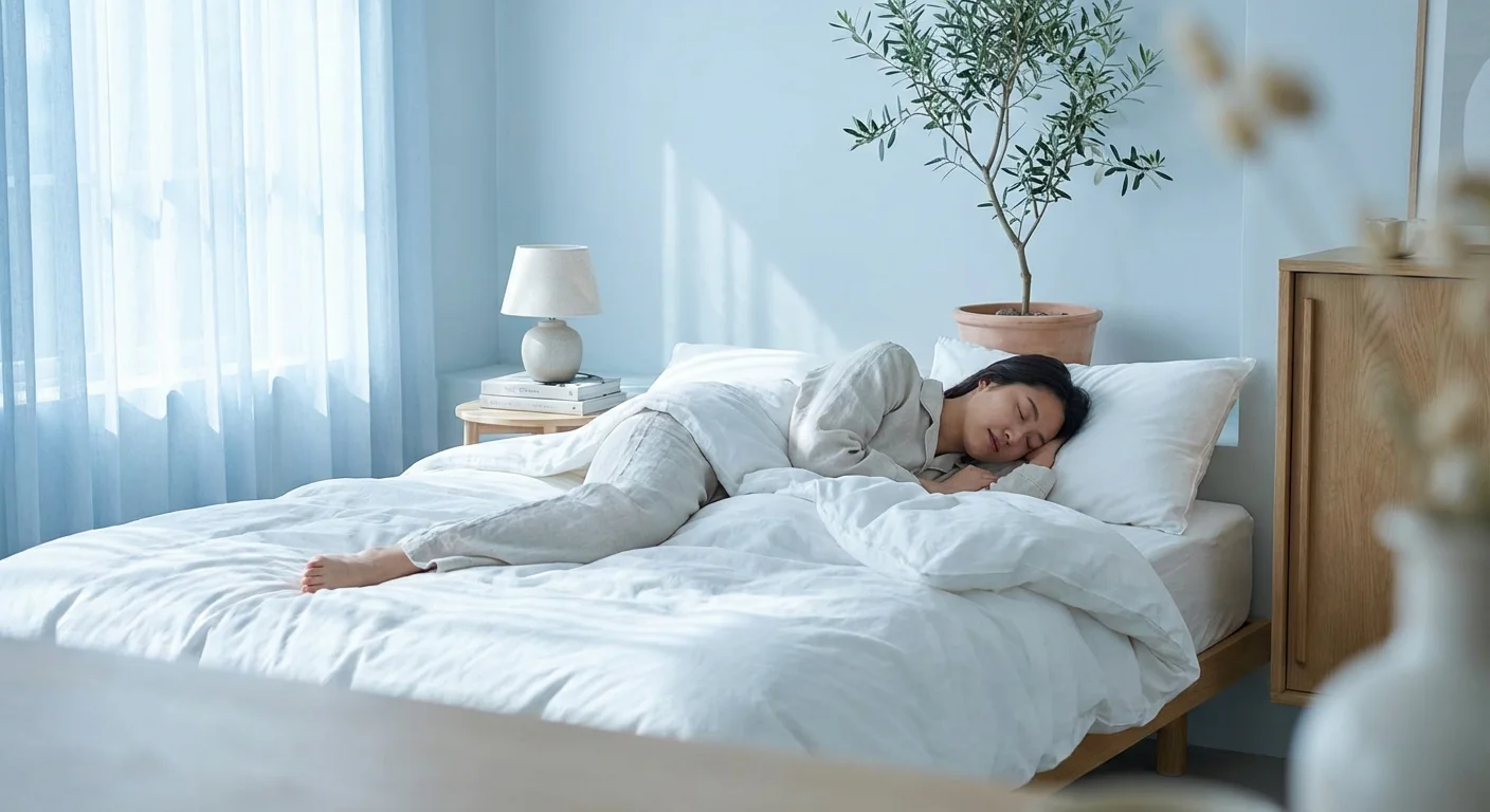 A person sleeping soundly in a bright, airy bedroom with white linens and soft blue light.