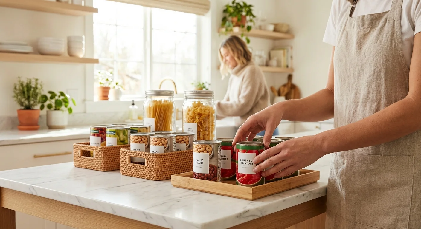 A person sorting food items into categories on a bright kitchen counter.