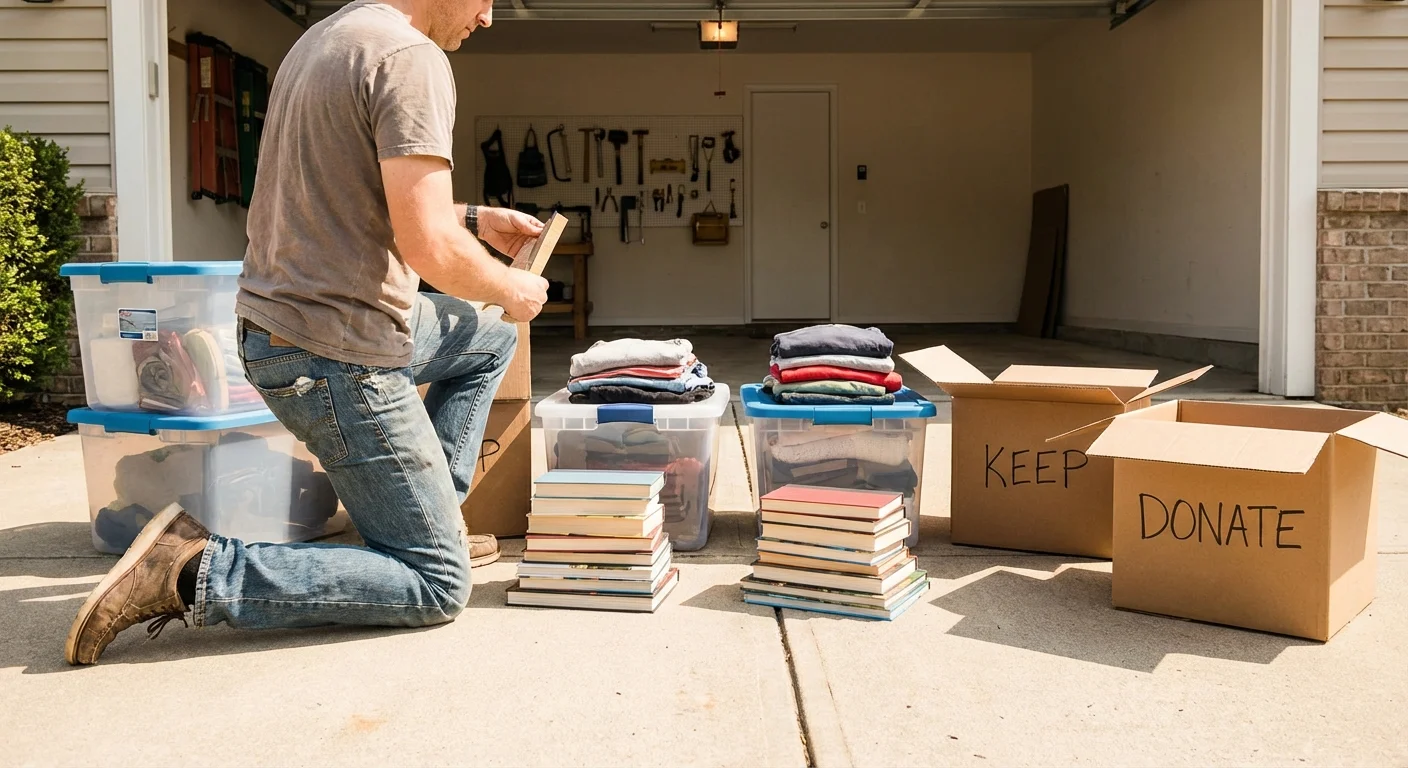 A person sorting household items into labeled boxes on a sunny driveway.