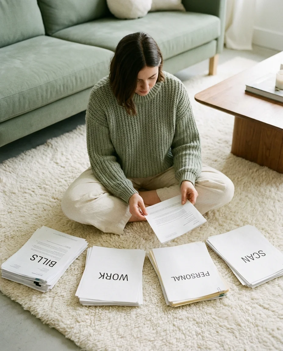 A person sorting papers into four organized piles on a cozy cream rug.