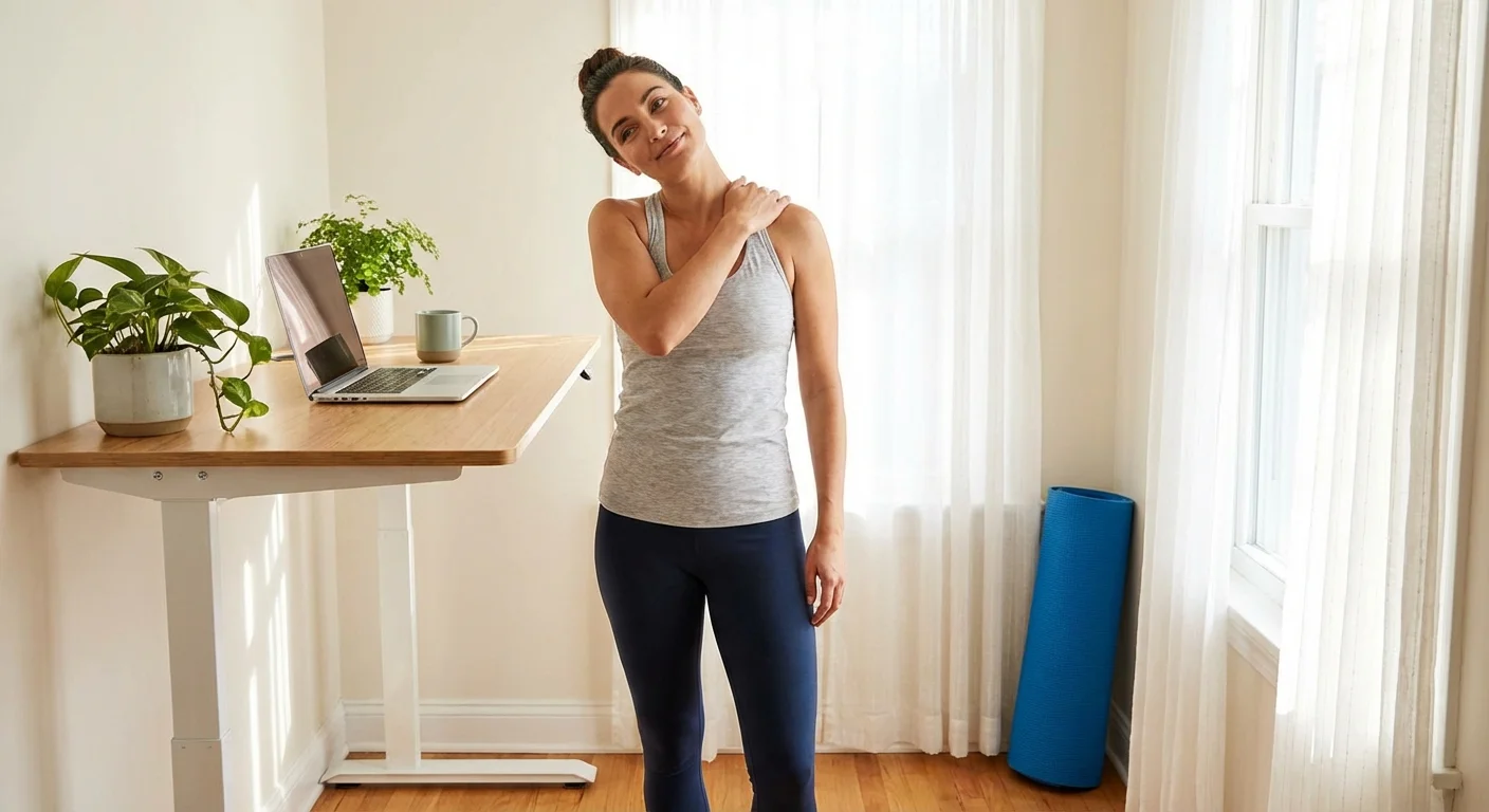 A person stretching at their desk in a bright, airy home office.