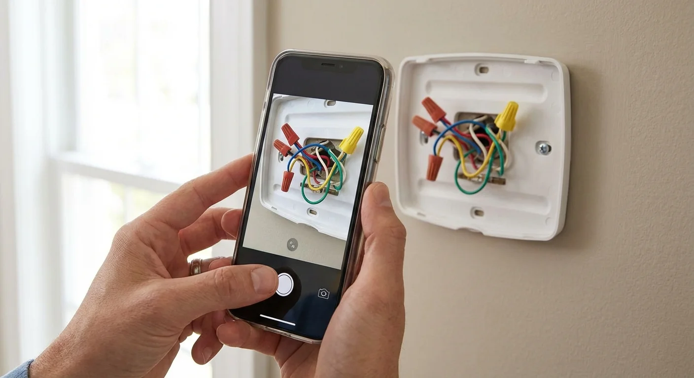 A person takes a photo of thermostat wiring using a smartphone.