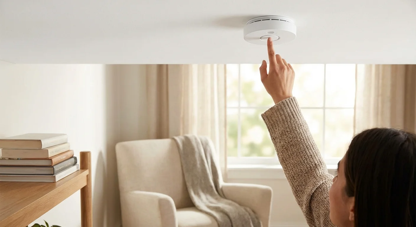 A person testing a smoke detector on a white ceiling.