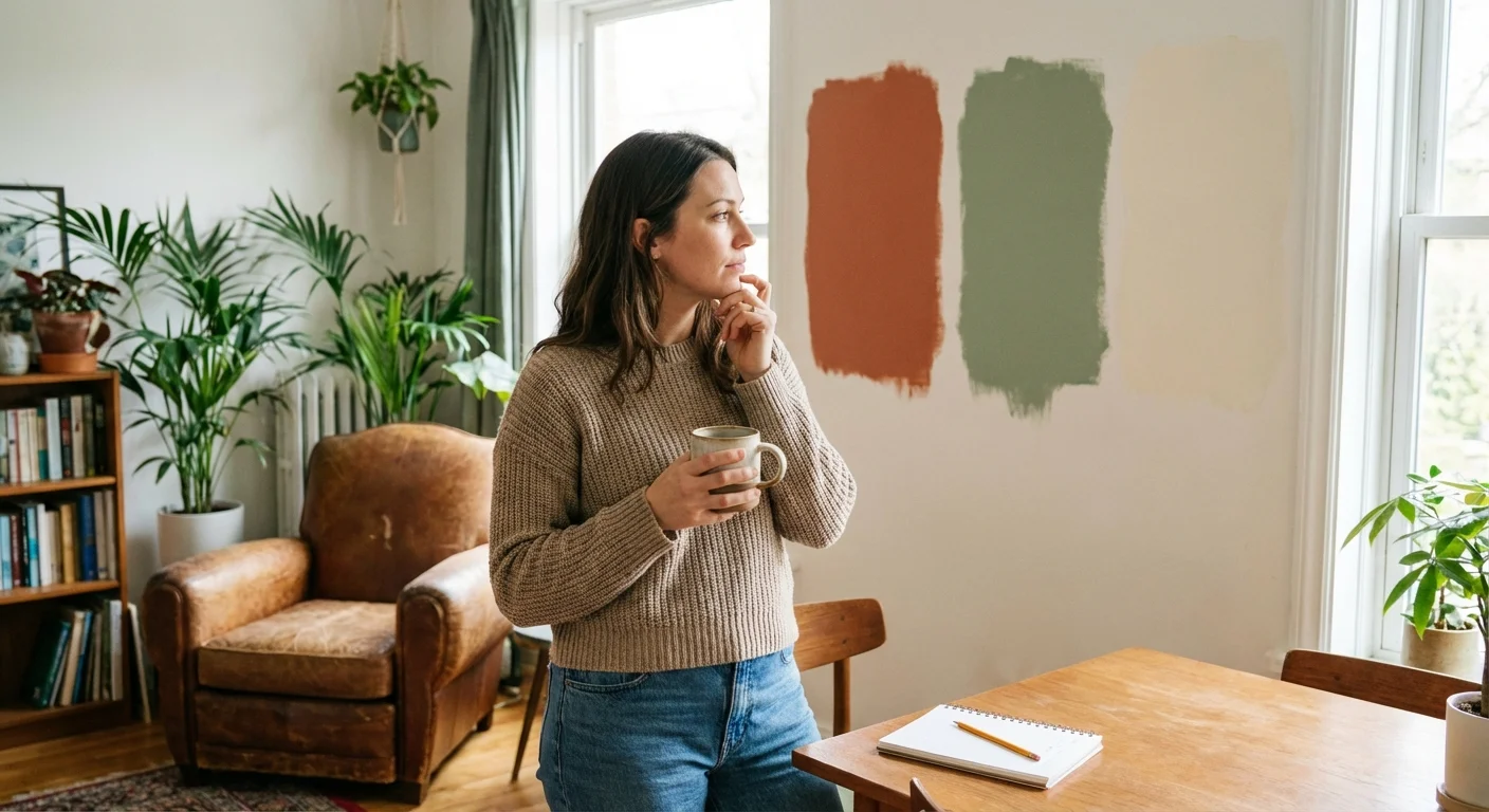 A person thoughtfully looking at paint swatches on a wall in their living room.