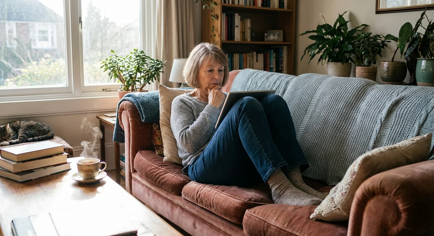 A person thoughtfully reviewing a digital manual on a tablet.
