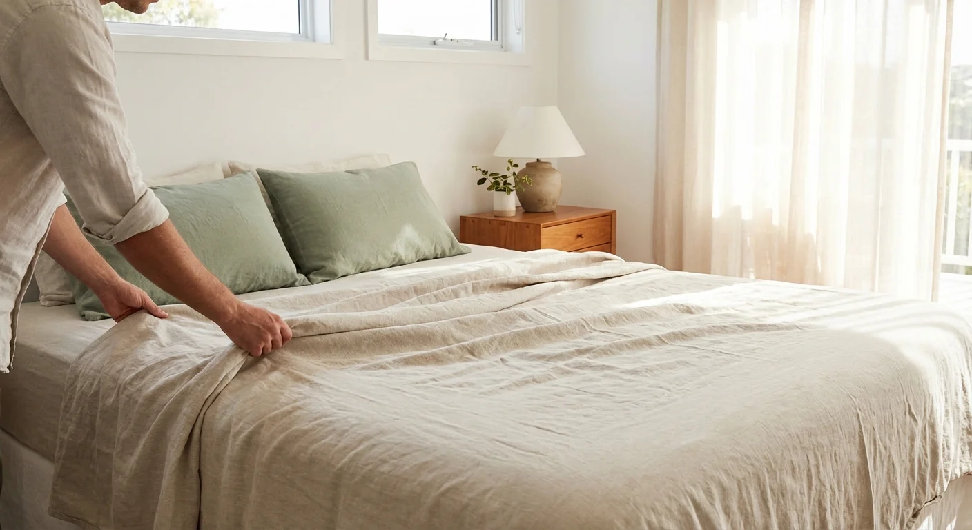 A person tidying organic linen bedding in a peaceful, sunlit bedroom.