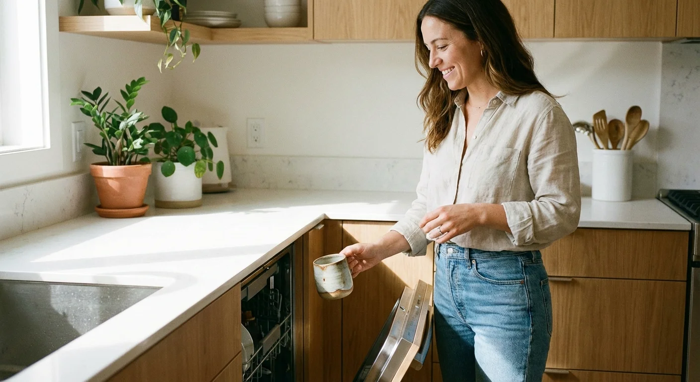 A person tidying up a small kitchen, reflecting a simple maintenance routine.
