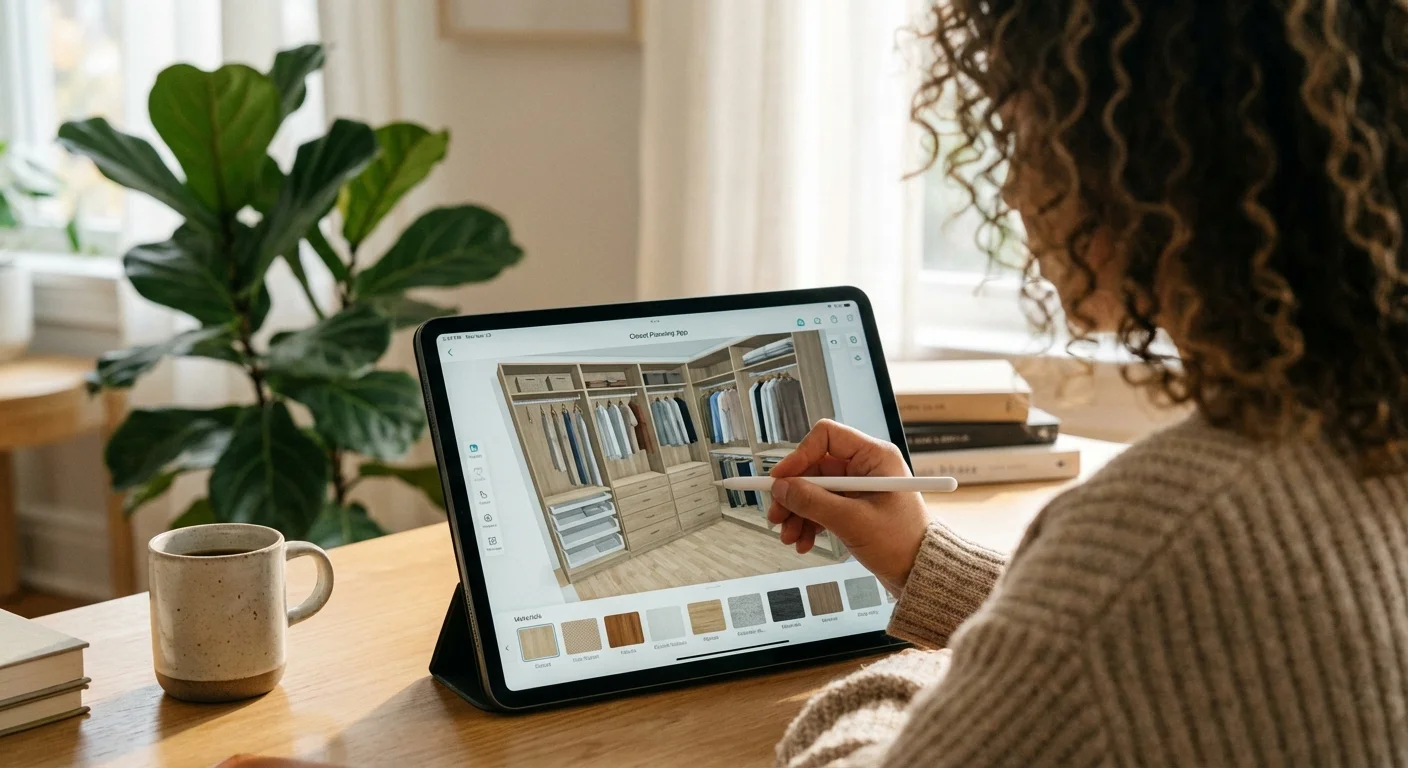 A person using a digital planning app on a tablet to design a custom closet layout.