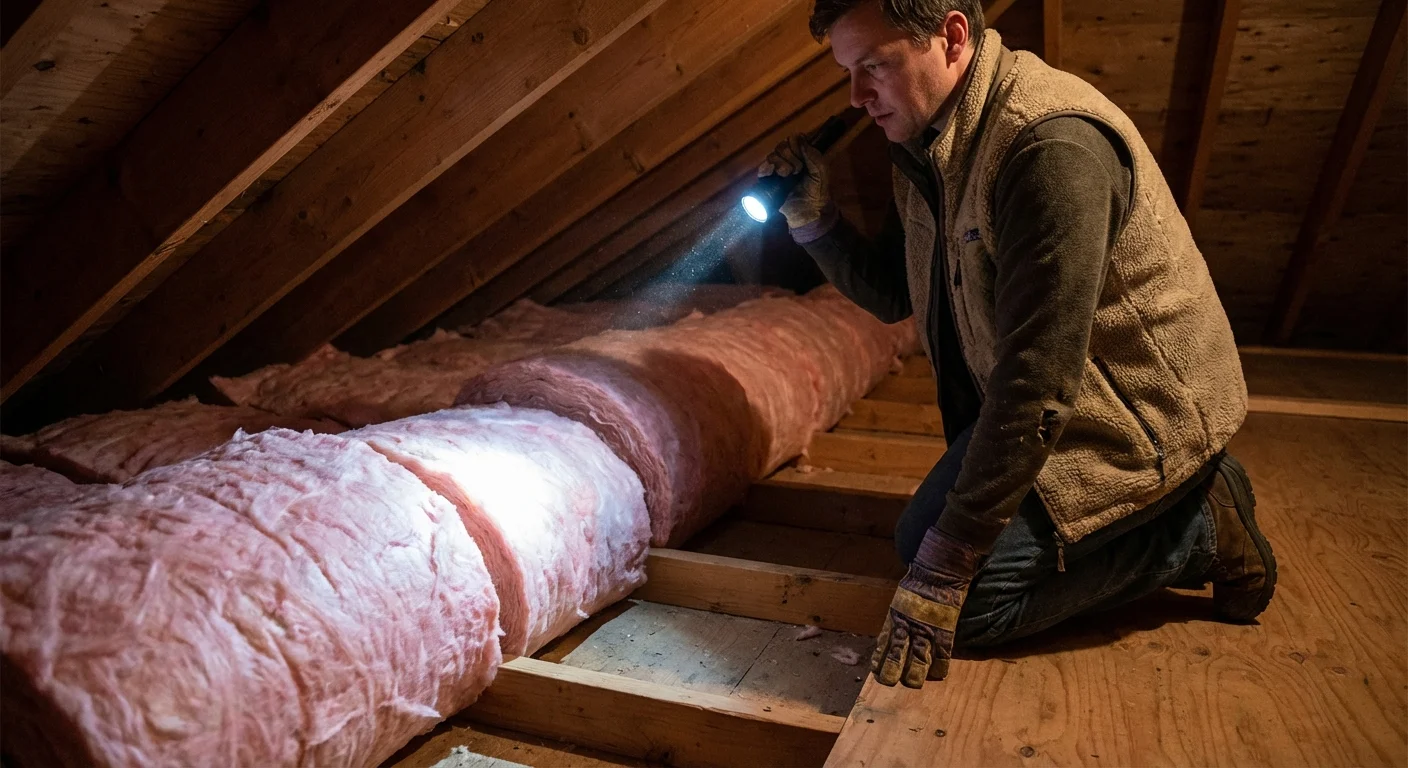 A person using a flashlight to check the insulation levels in a home attic.