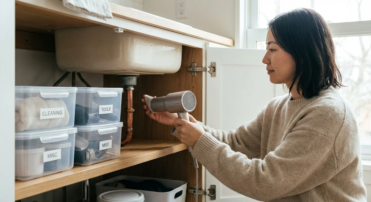 A person using a hair dryer to safely thaw a pipe under an organized kitchen sink.