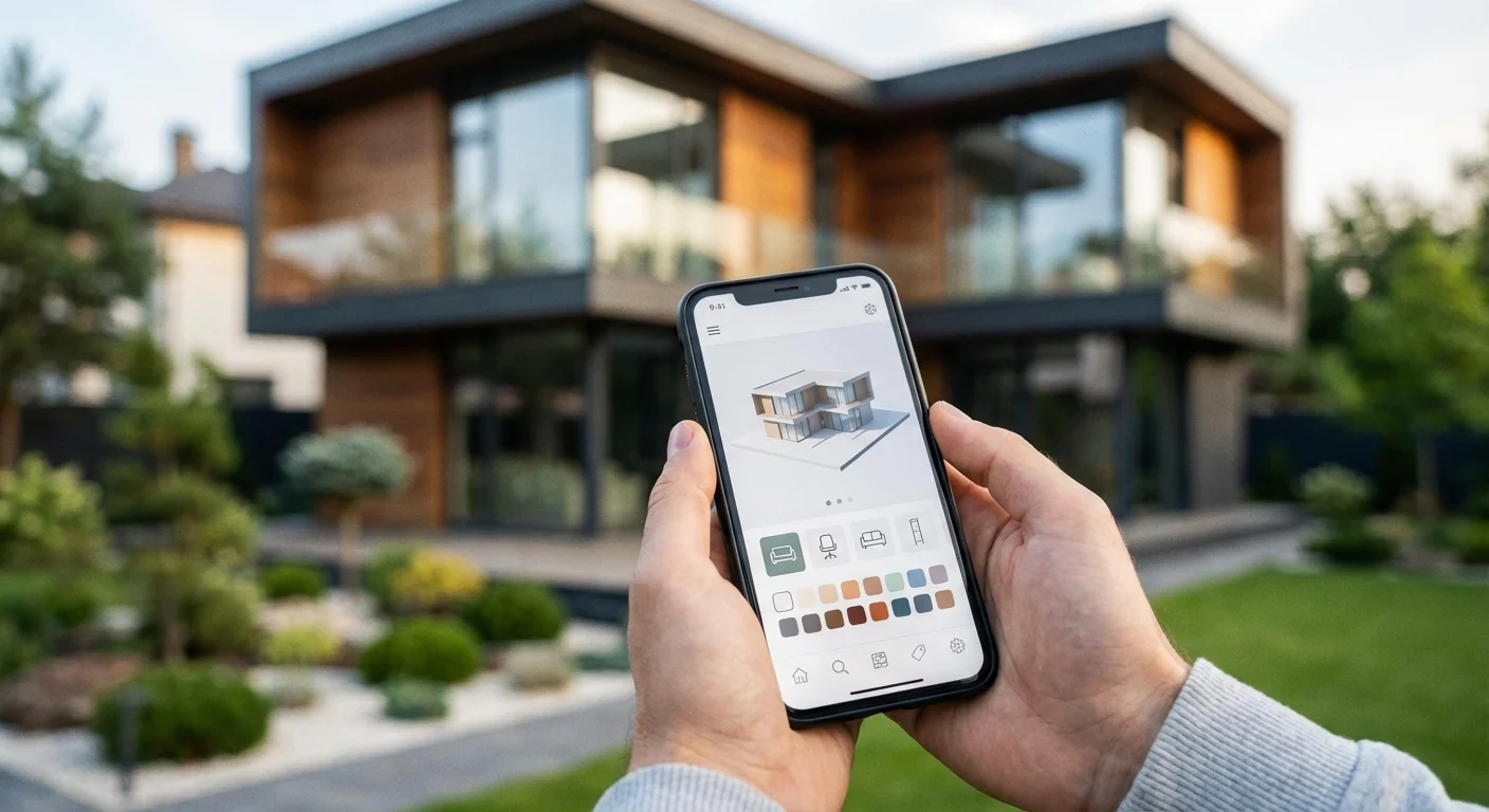 A person using a home design app on their phone in front of a house.